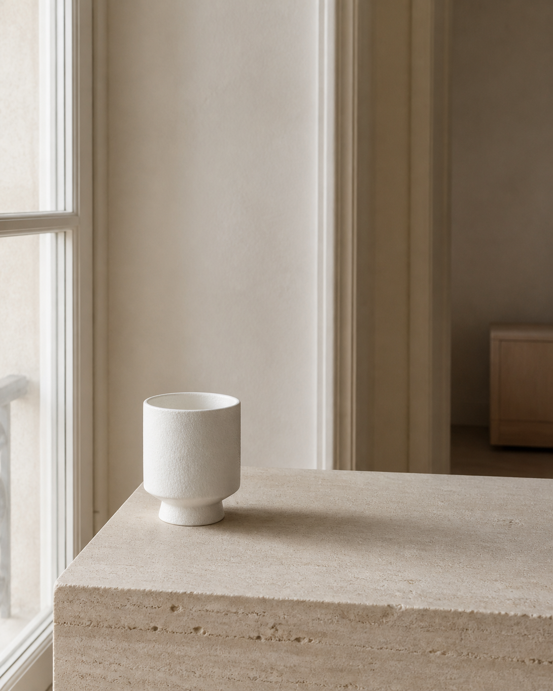 Tasse sur pied Craie OrienX près d’une fenêtre sur une console en pierre claire