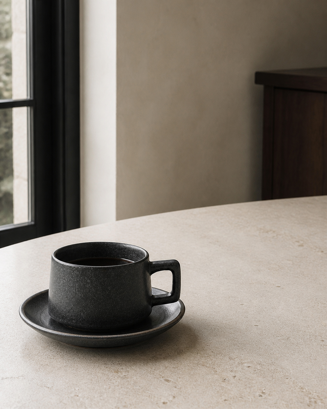 Tasse et soucoupe Silex OrienX sur une table en pierre claire