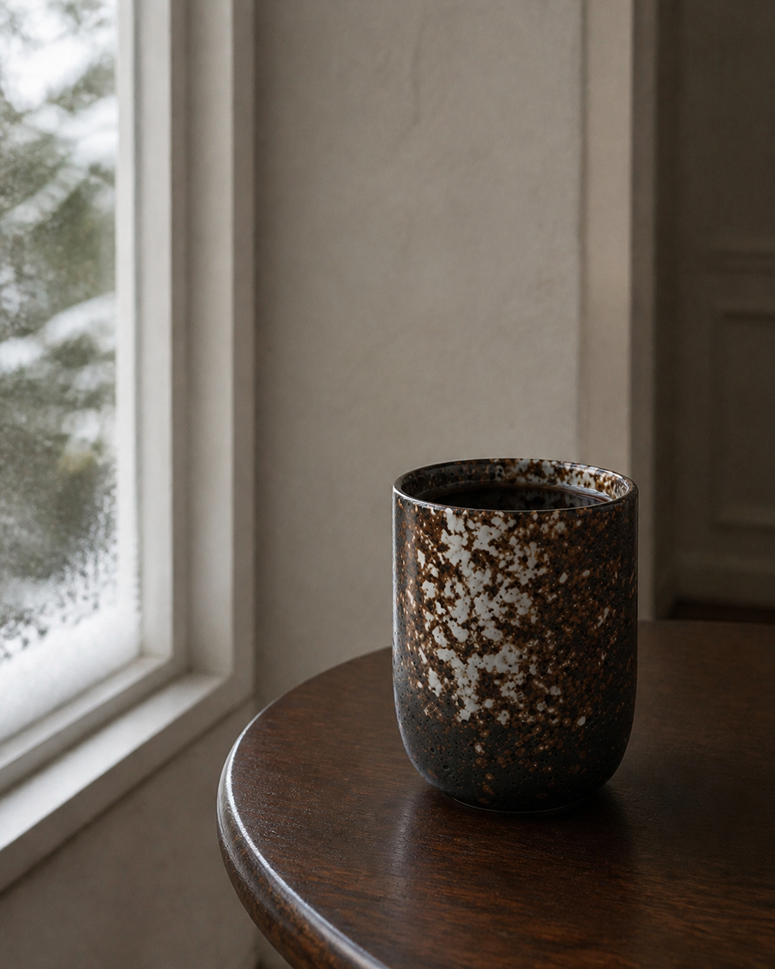 Gobelet Neige OrienX près d’une fenêtre hivernale sur une table sombre